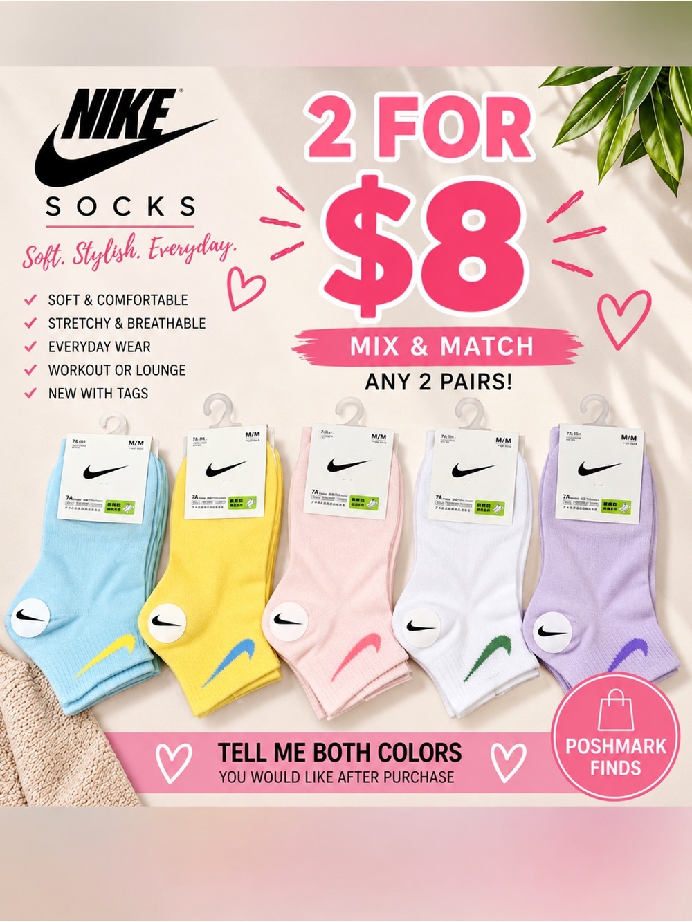 Nike Pastel Ankle Socks Assorted Pack - Blue, Yellow, Pink, White, Lavender